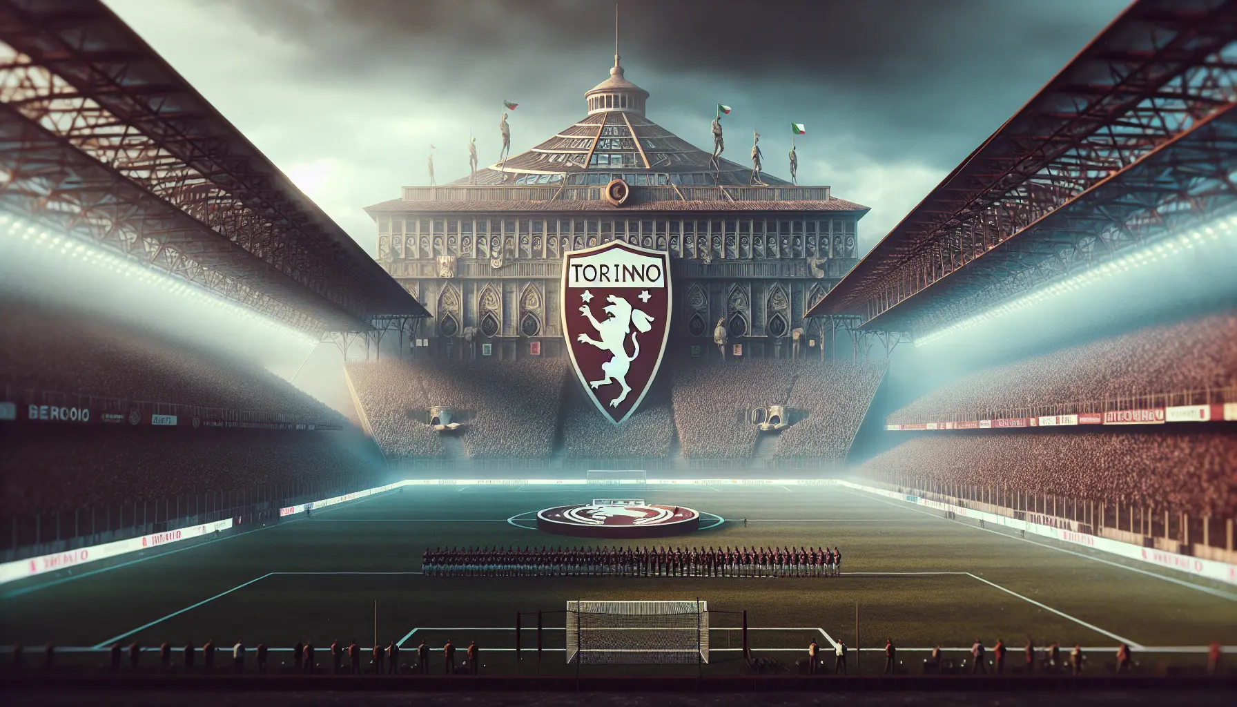 Un gruppo di tifosi del Torino Football Club durante una partita, con bandiere e sciarpe granata, che esprimono passione e unità.
