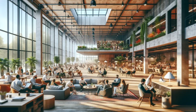 Spazi moderni e condivisi di co-living, con aree comuni e stanze private, che rappresentano un nuovo modo di vivere in comunità.