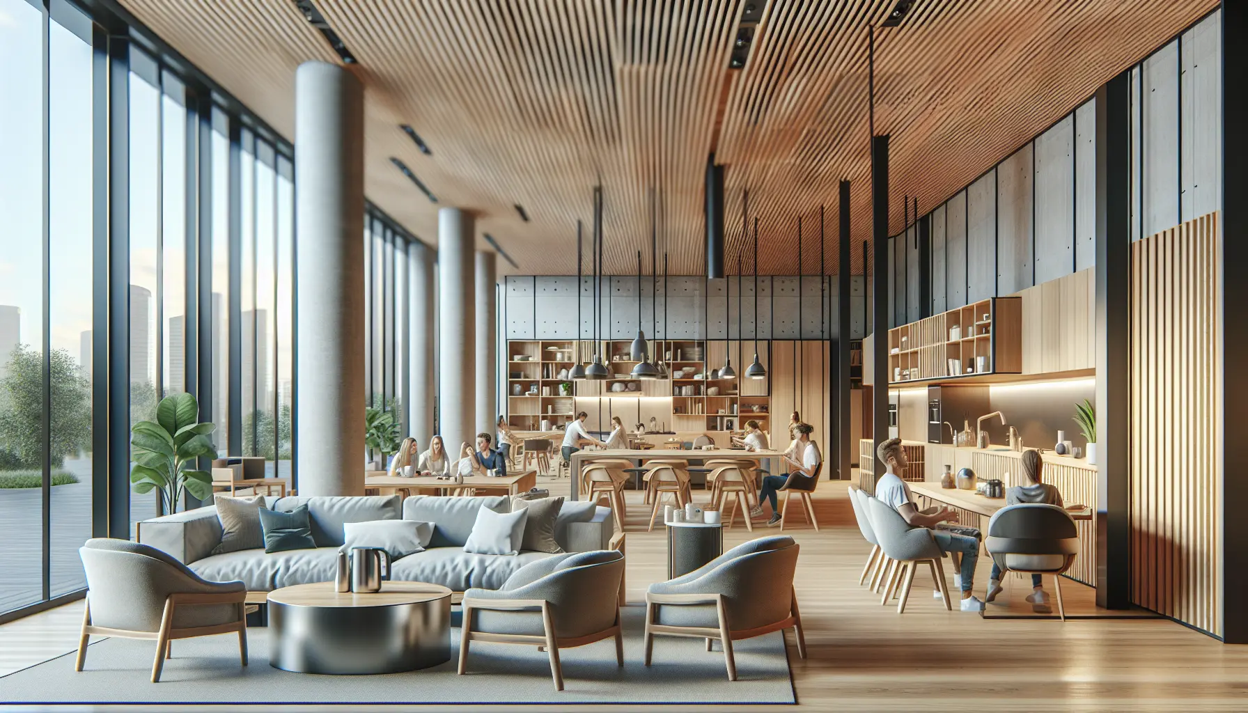 Persone di diverse età e origine che socializzano in un ambiente di co-living, mostrando spazi comuni moderni e accoglienti.