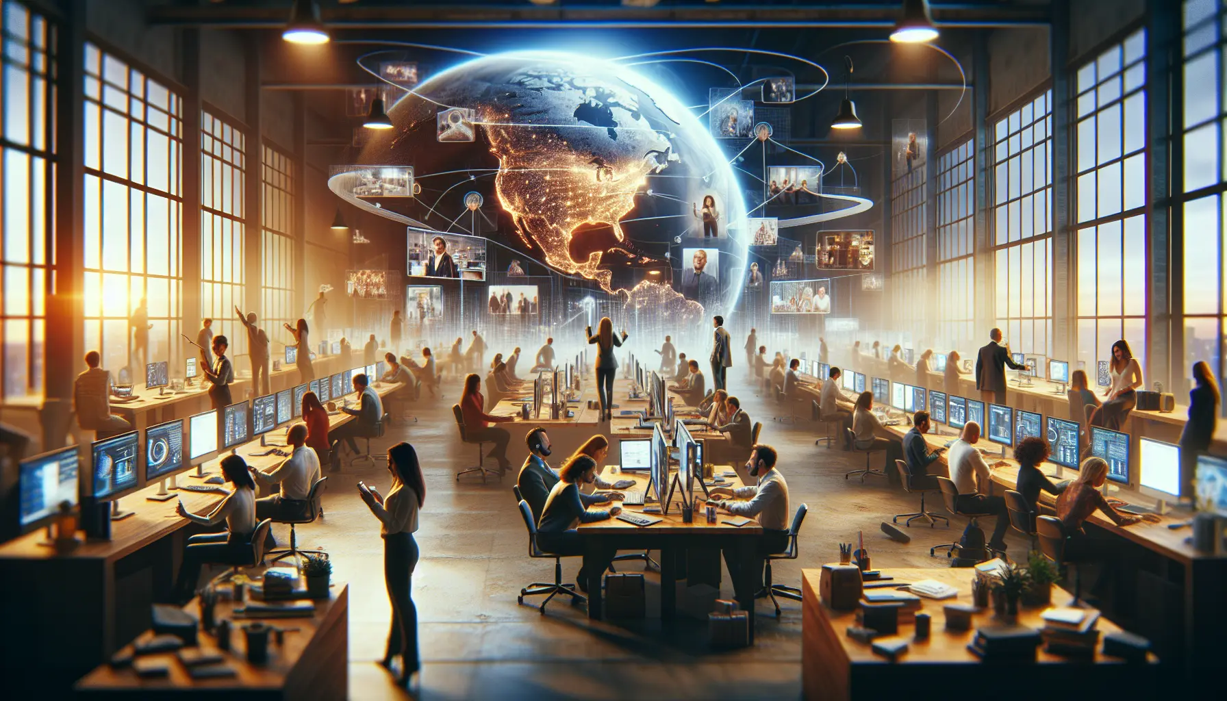 Un gruppo di persone che lavorano da casa, utilizzando computer portatili e dispositivi tecnologici, rappresentando il concetto di lavoro remoto.
