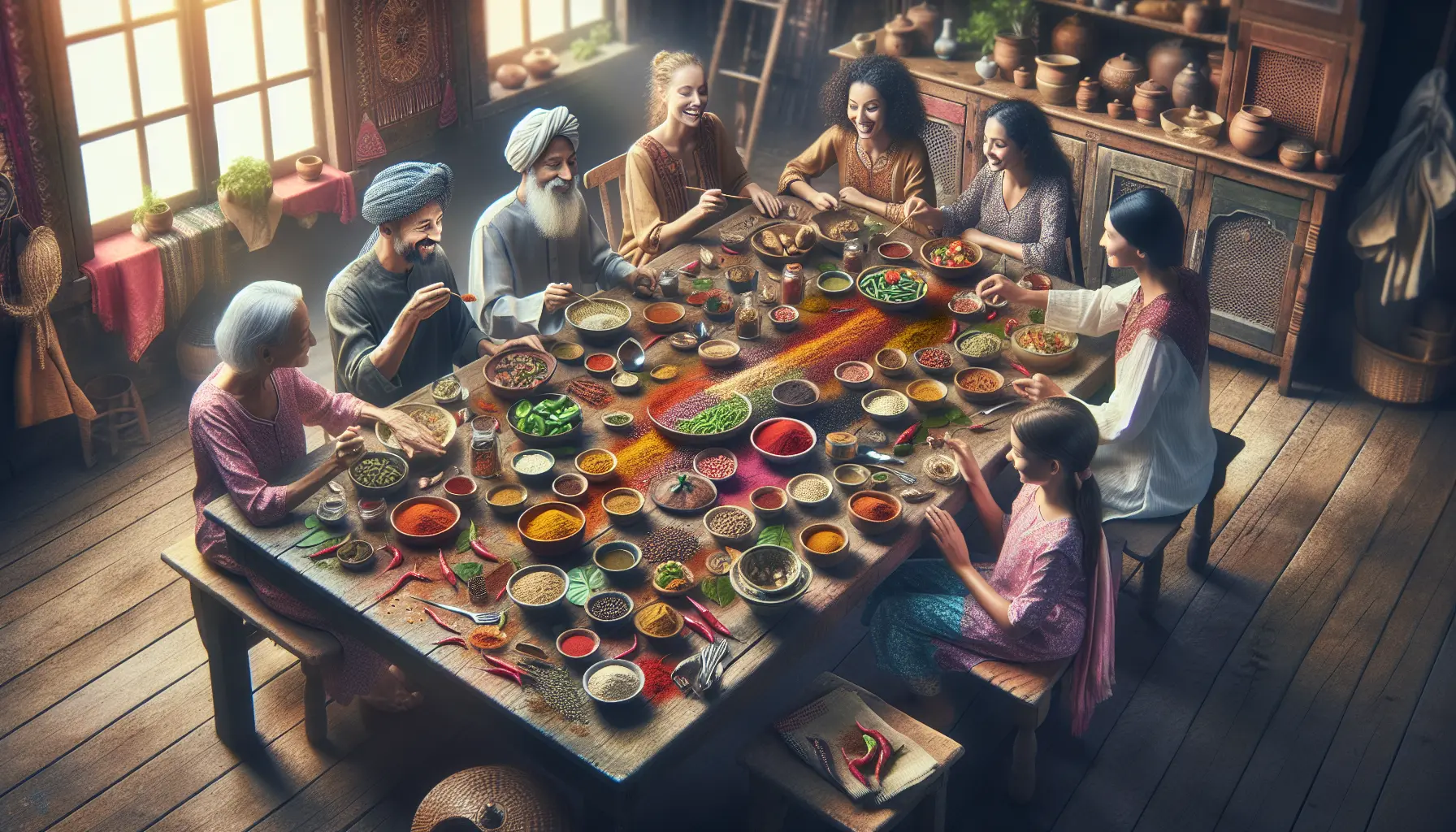 Un assortimento di spezie esotiche in barattoli colorati, pronte per essere utilizzate in cucina.