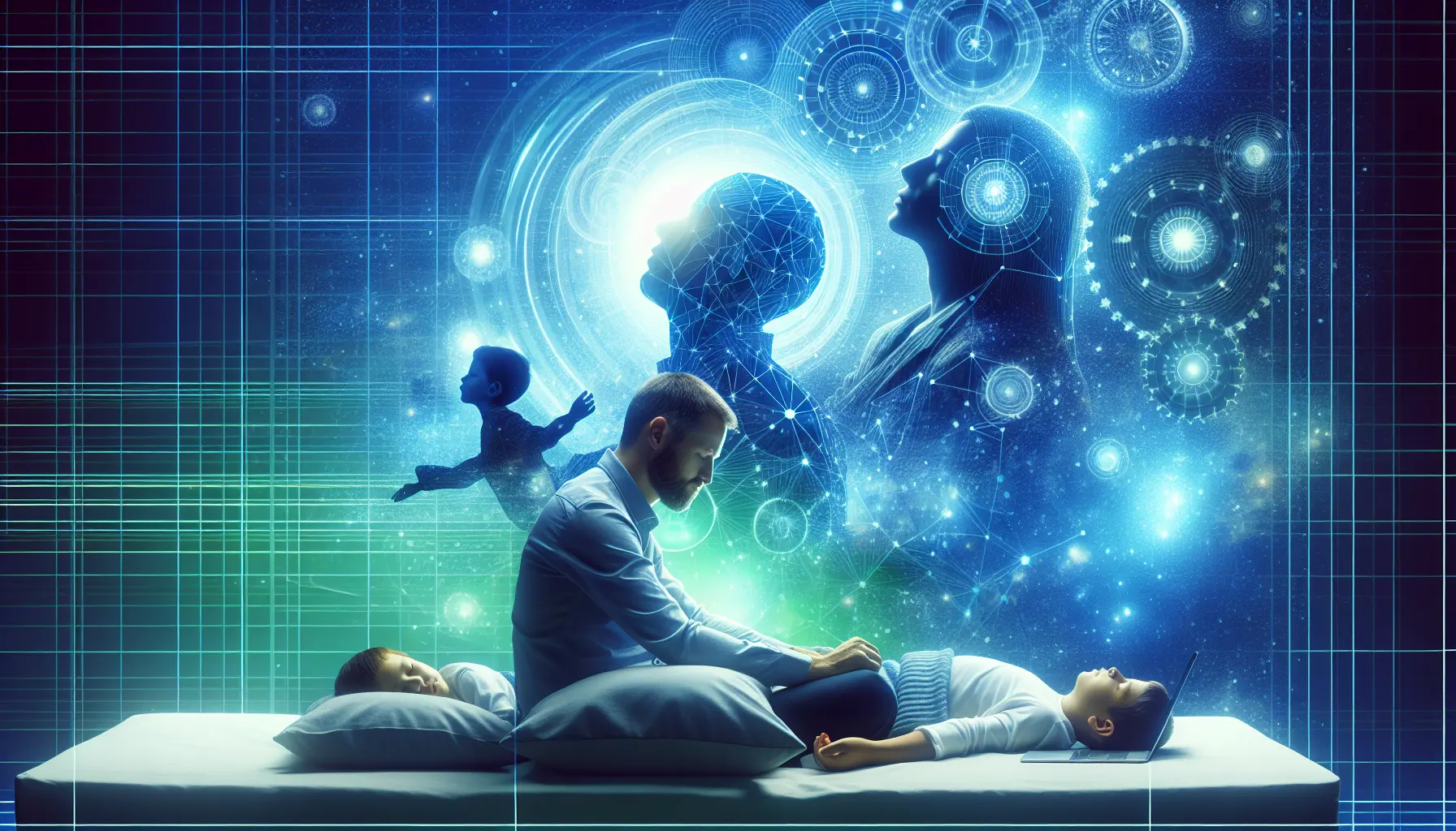 Un'immagine che rappresenta il concetto di sonno polifasico, con un orologio e un letto, simboli di riposo e gestione del tempo.