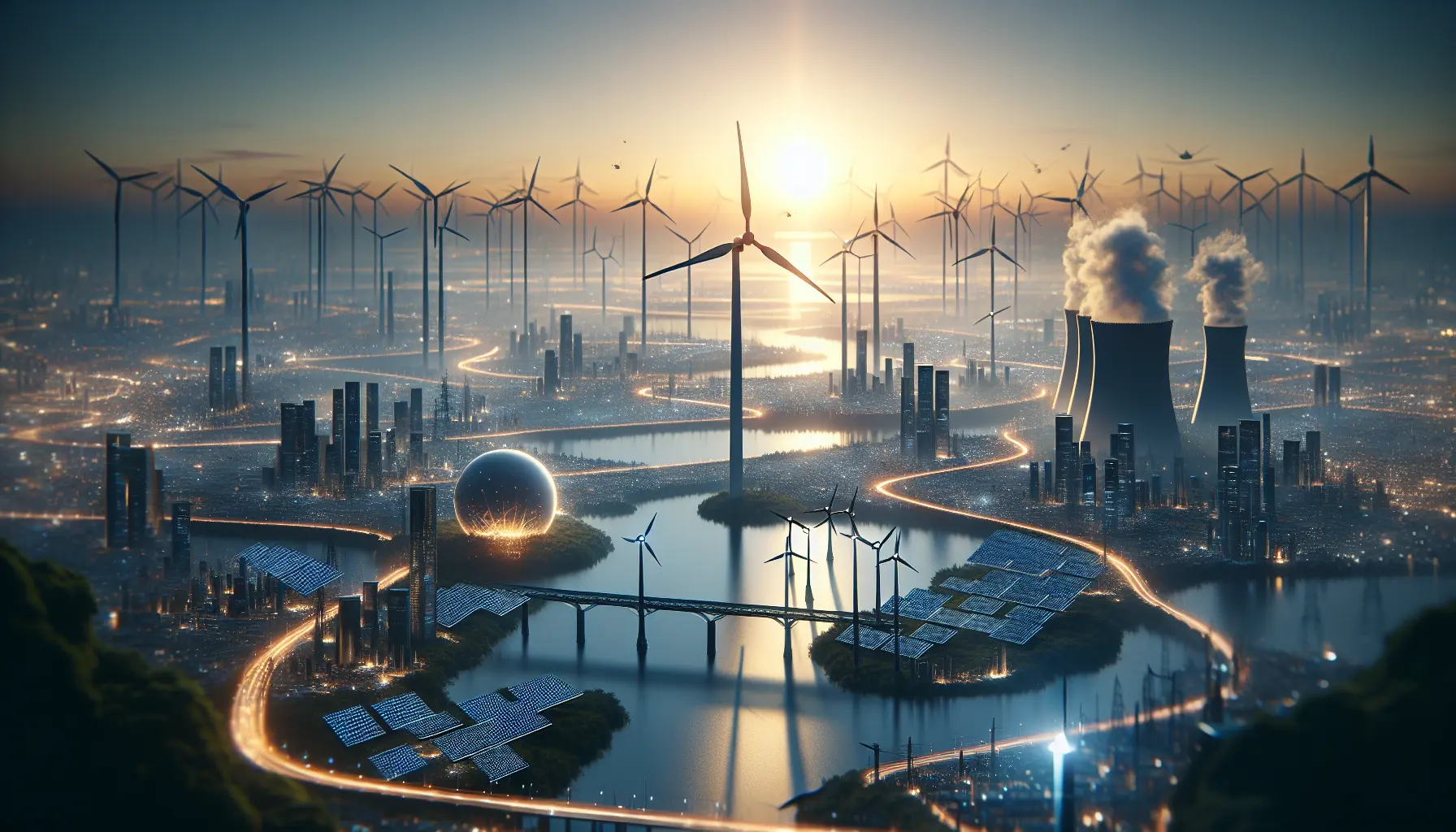 Pannelli solari e turbine eoliche che simboleggiano le energie rinnovabili e la sostenibilità ambientale.