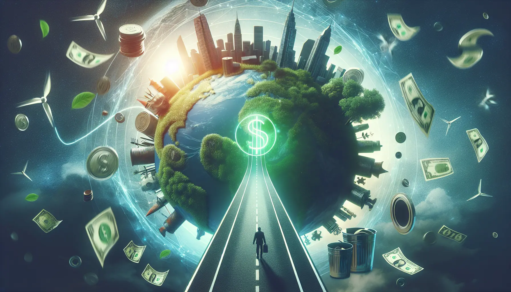 Un grafico che mostra la crescita degli investimenti sostenibili nel tempo, con elementi naturali come alberi e foglie che simboleggiano la sostenibilità.