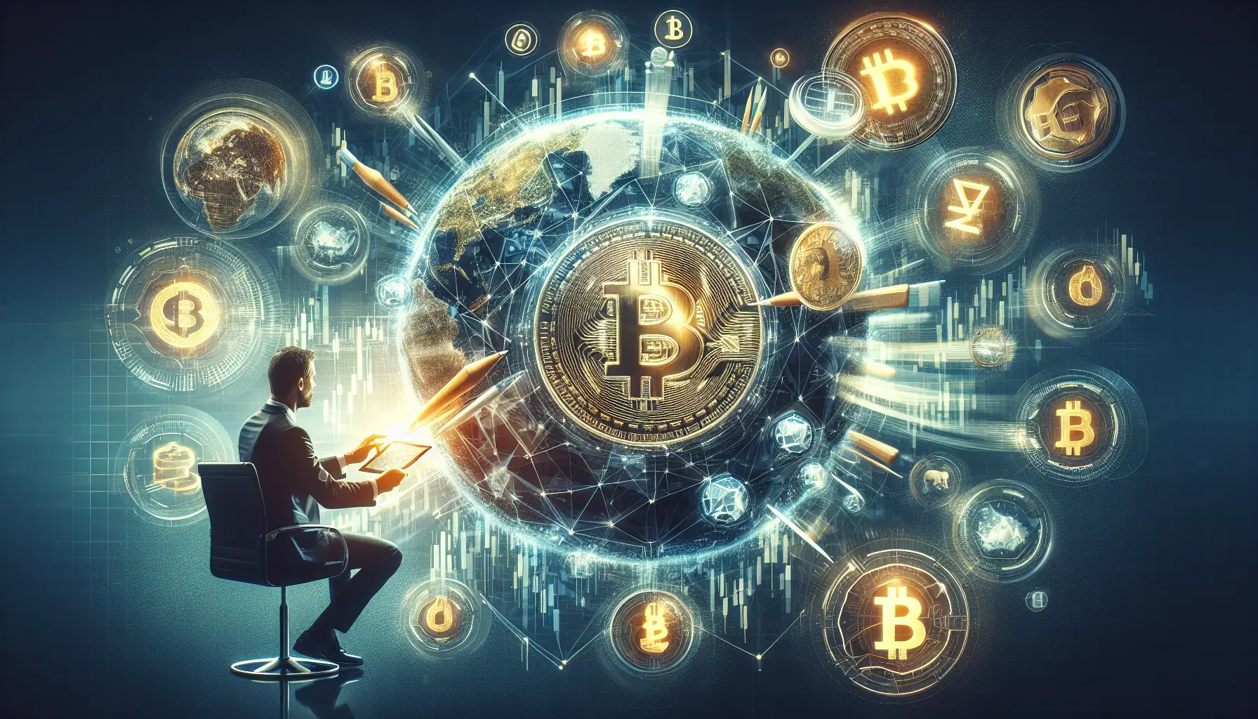 Un grafico che mostra l'andamento delle criptovalute con simboli di Bitcoin ed Ethereum sullo sfondo.