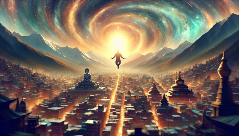 Paesaggio montano del Bhutan con simboli di cultura e tradizione, rappresentando la Felicità Nazionale Lorda.