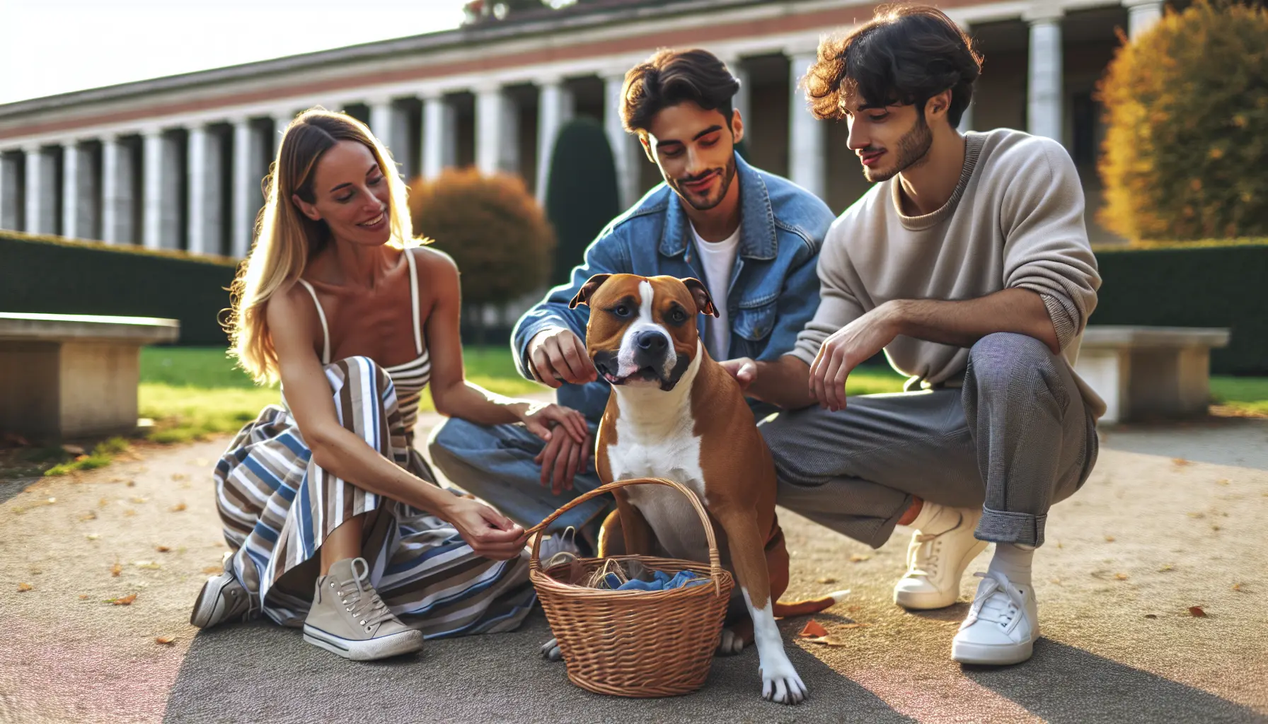 Un American Staffordshire Terrier che gioca nel parco, mostrando il suo carattere affettuoso e vivace.