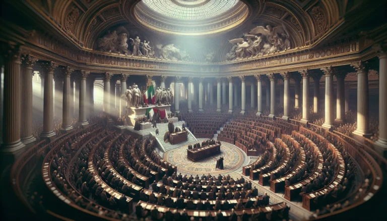 Rappresentazione dell'Assemblea Costituente con membri intenti a discutere e redigere la Costituzione italiana.