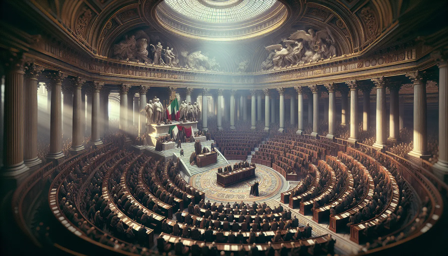Rappresentazione dell'Assemblea Costituente con membri intenti a discutere e redigere la Costituzione italiana.