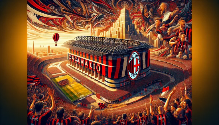 Una panoramica dello stadio San Siro durante una partita dell'AC Milan, con tifosi che esultano e sventolano bandiere rossonere.