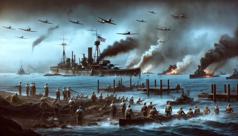 Immagine storica dell'attacco a Pearl Harbor con aerei giapponesi in volo sopra la base navale.