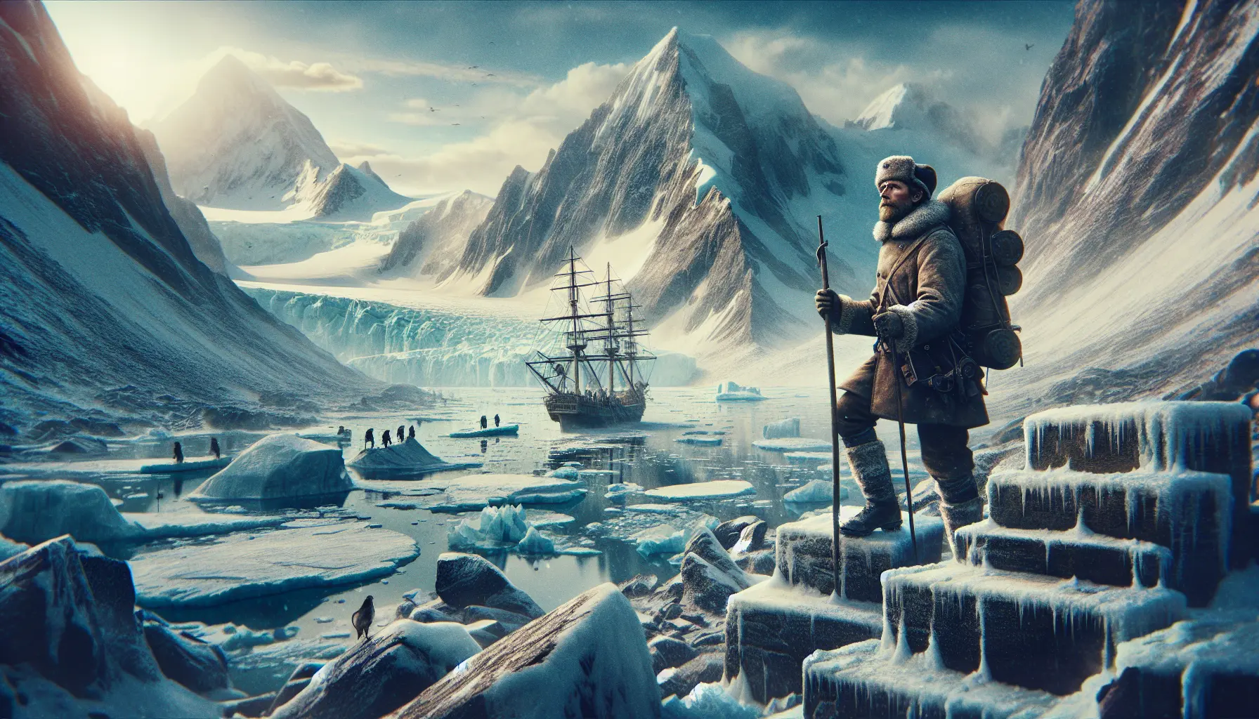 Roald Amundsen durante una delle sue spedizioni in Antartide, circondato da paesaggi ghiacciati e slitte trainate da cani.