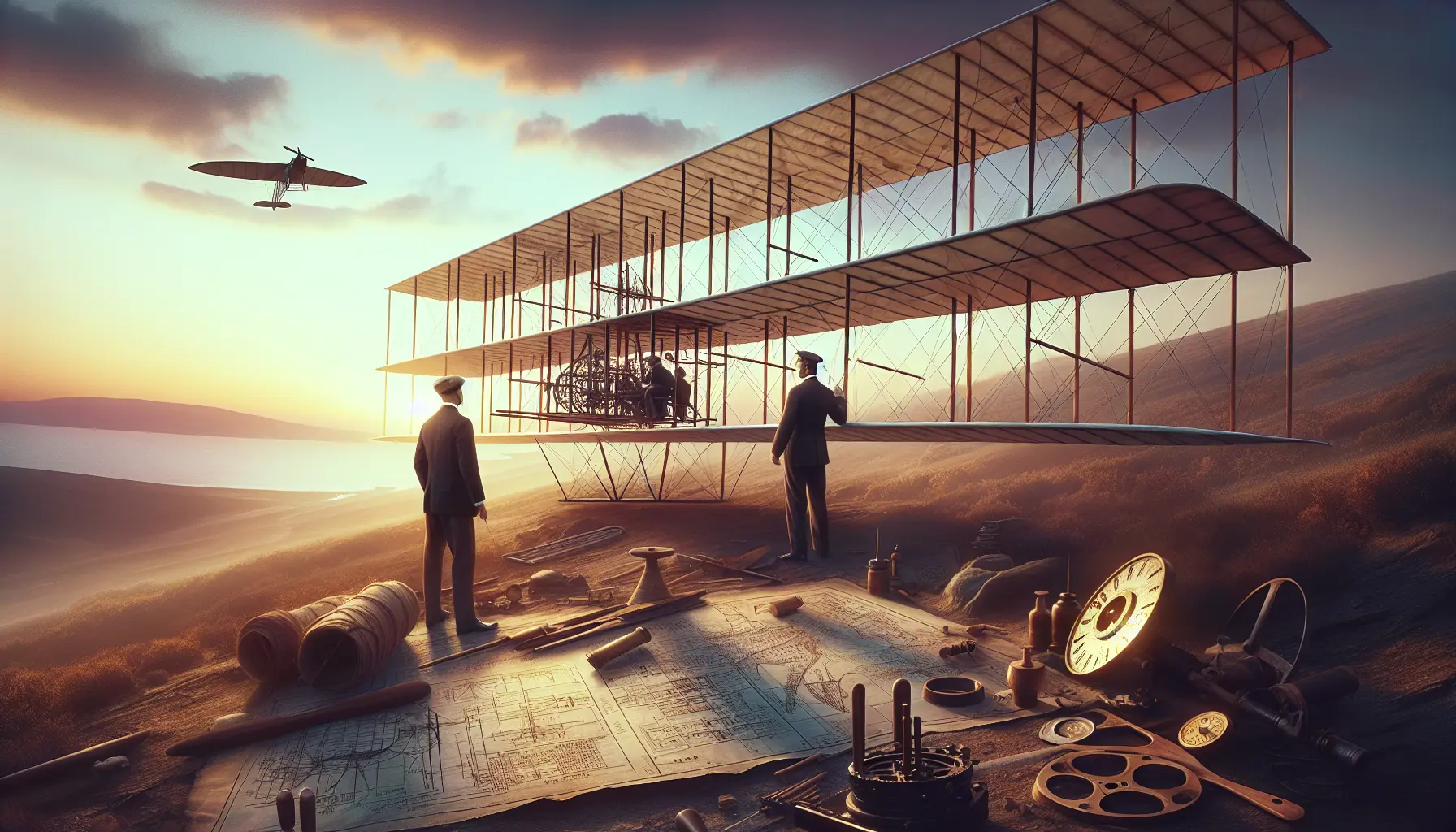 Due uomini che osservano un aereo in volo, simbolo dell'innovazione e del sogno di volare.