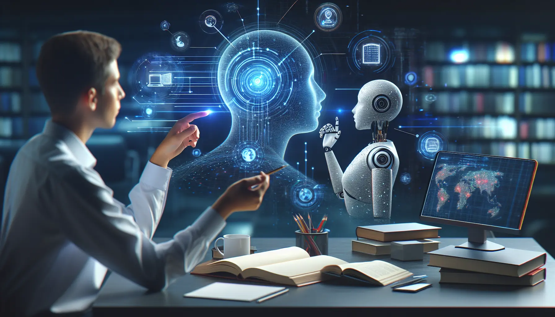 Un tutor virtuale che interagisce con uno studente attraverso un dispositivo di apprendimento tecnologico.