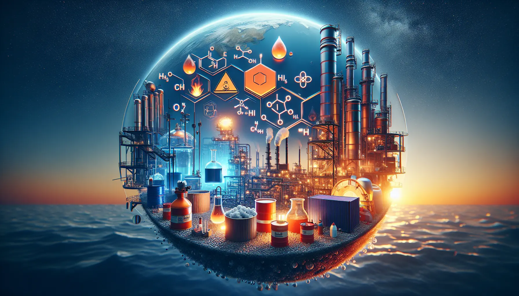 Immagine che rappresenta l'isocianato di metile, un composto chimico tossico e infiammabile, con simboli di avvertimento e sicurezza.