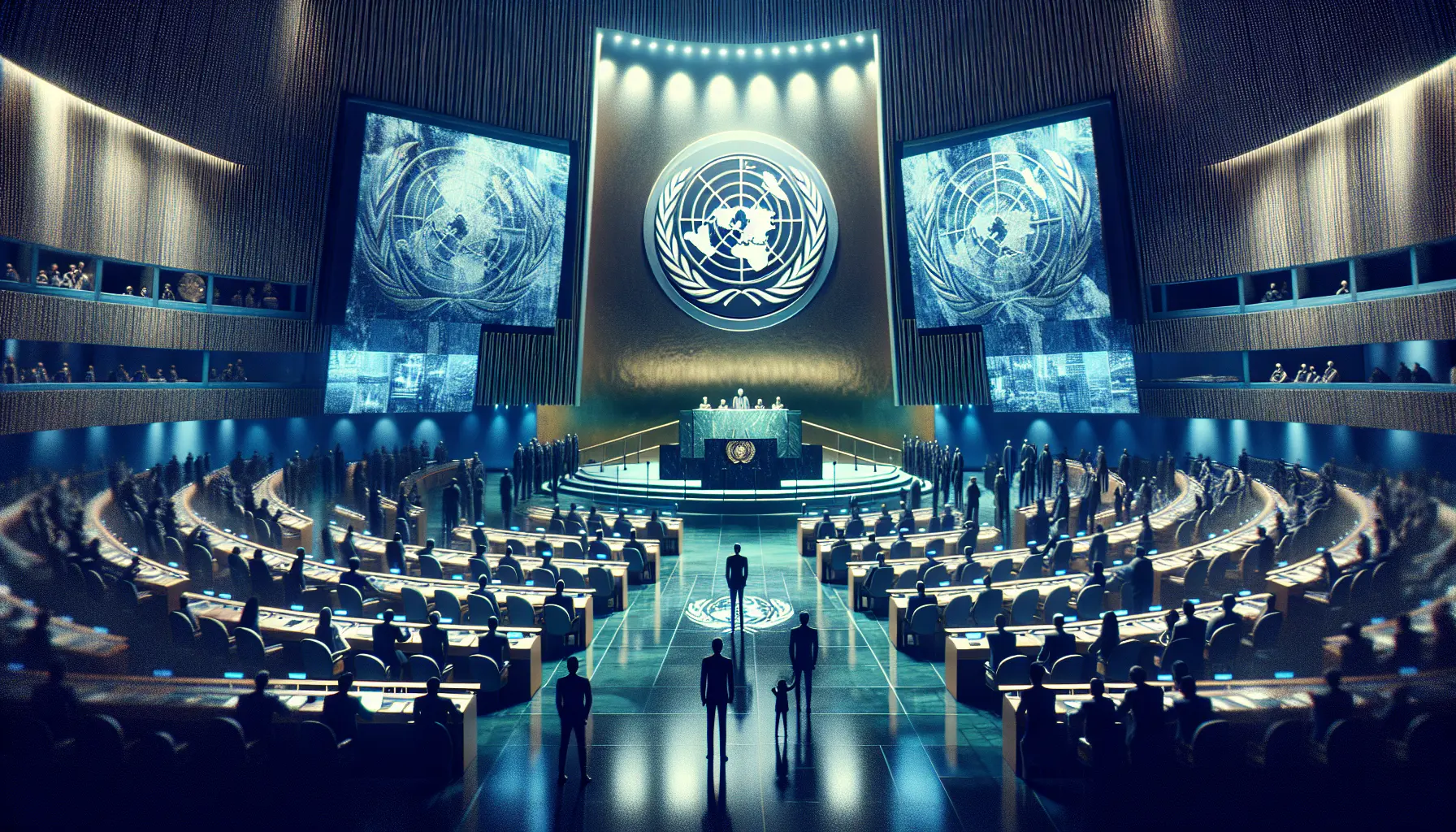Rappresentazione simbolica dell'Organizzazione delle Nazioni Unite con bandiere di diversi paesi e il logo dell'ONU.