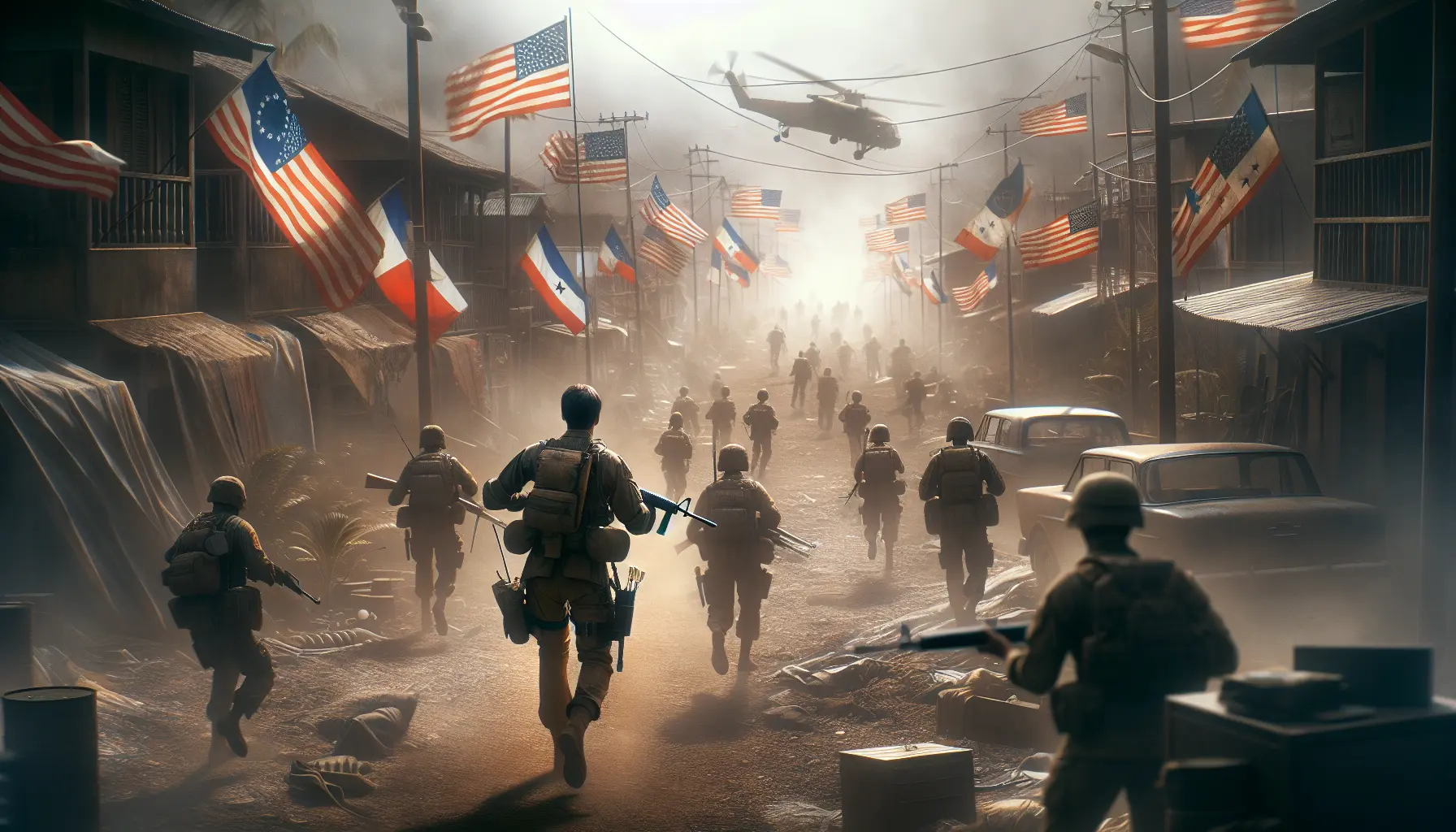 Soldati americani durante l'Operazione Just Cause in Panama, con veicoli militari e aerei in azione.