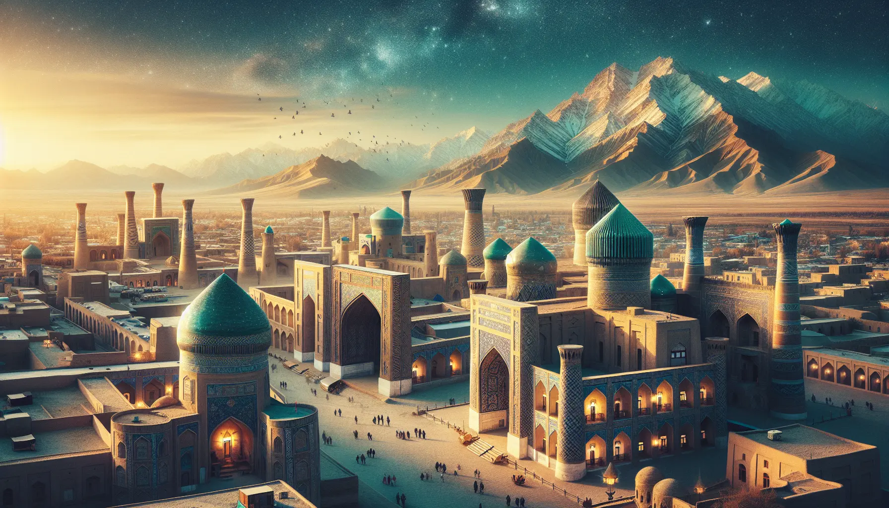 Vista panoramica di Samarcanda con la Registan e i suoi monumenti storici