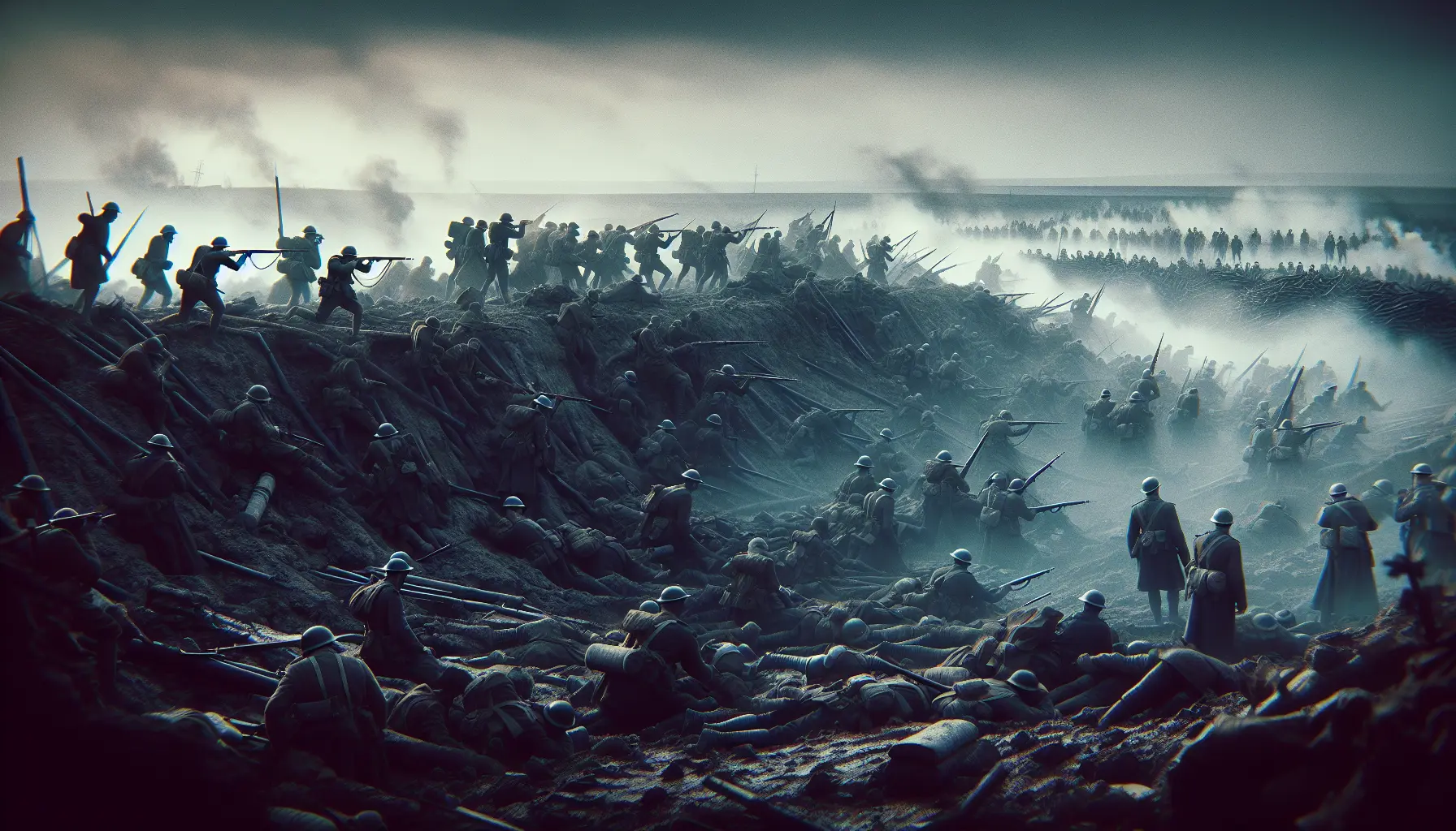 Un'immagine storica della Battaglia di Verdun, con soldati in trincea e il paesaggio devastato dalla guerra.