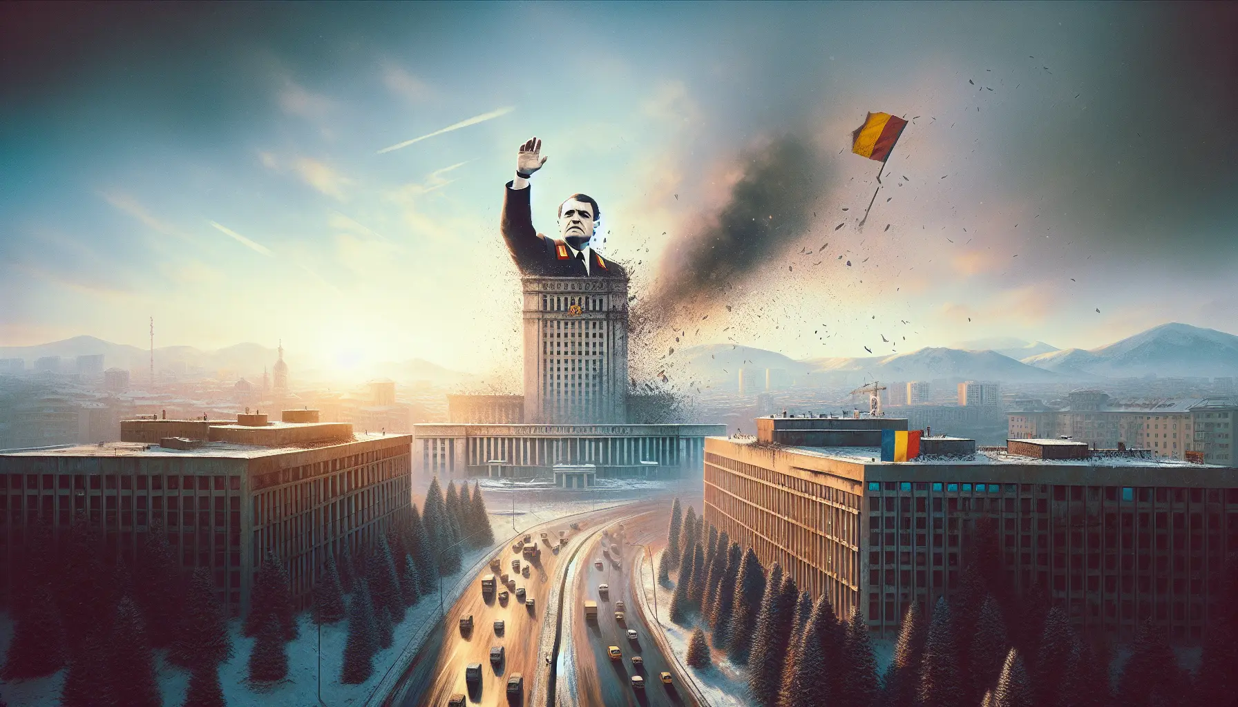 Rappresentazione della caduta di Nicolae Ceaușescu e della fine del regime comunista in Romania.