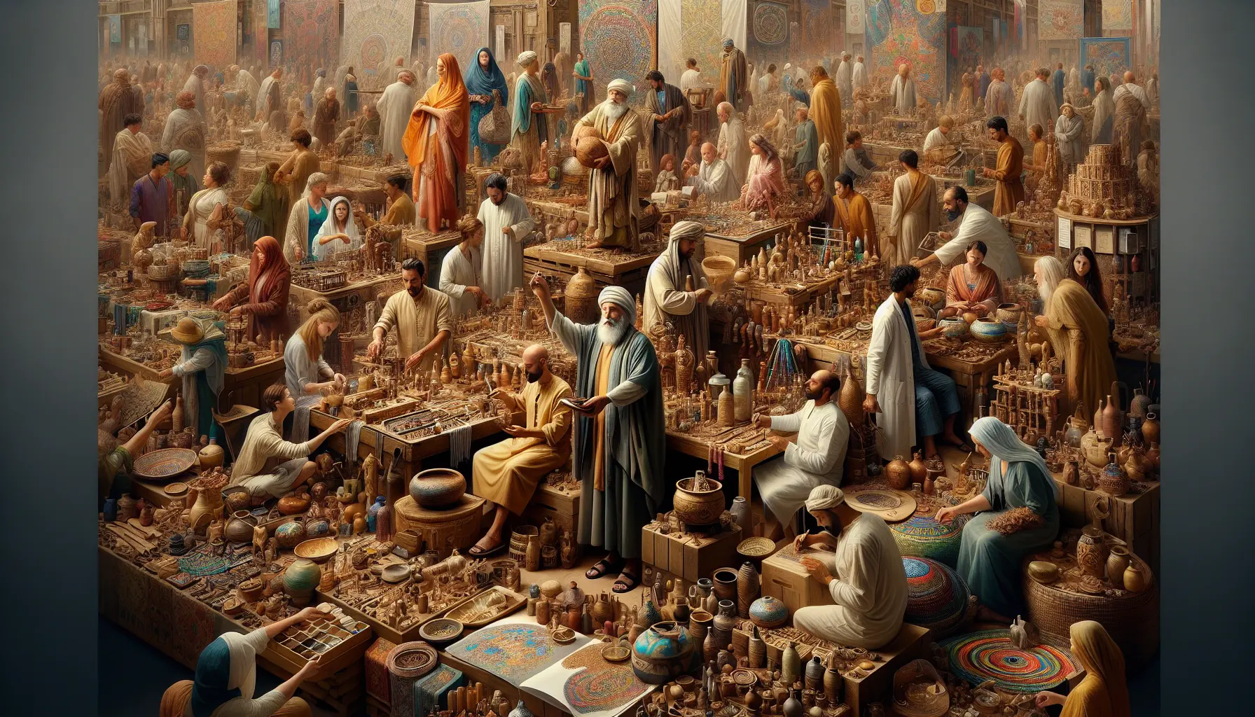 Un'esposizione di artigianato alla Fiera dell'Artigianato di Milano, con artigiani che mostrano le loro creazioni uniche e innovative.