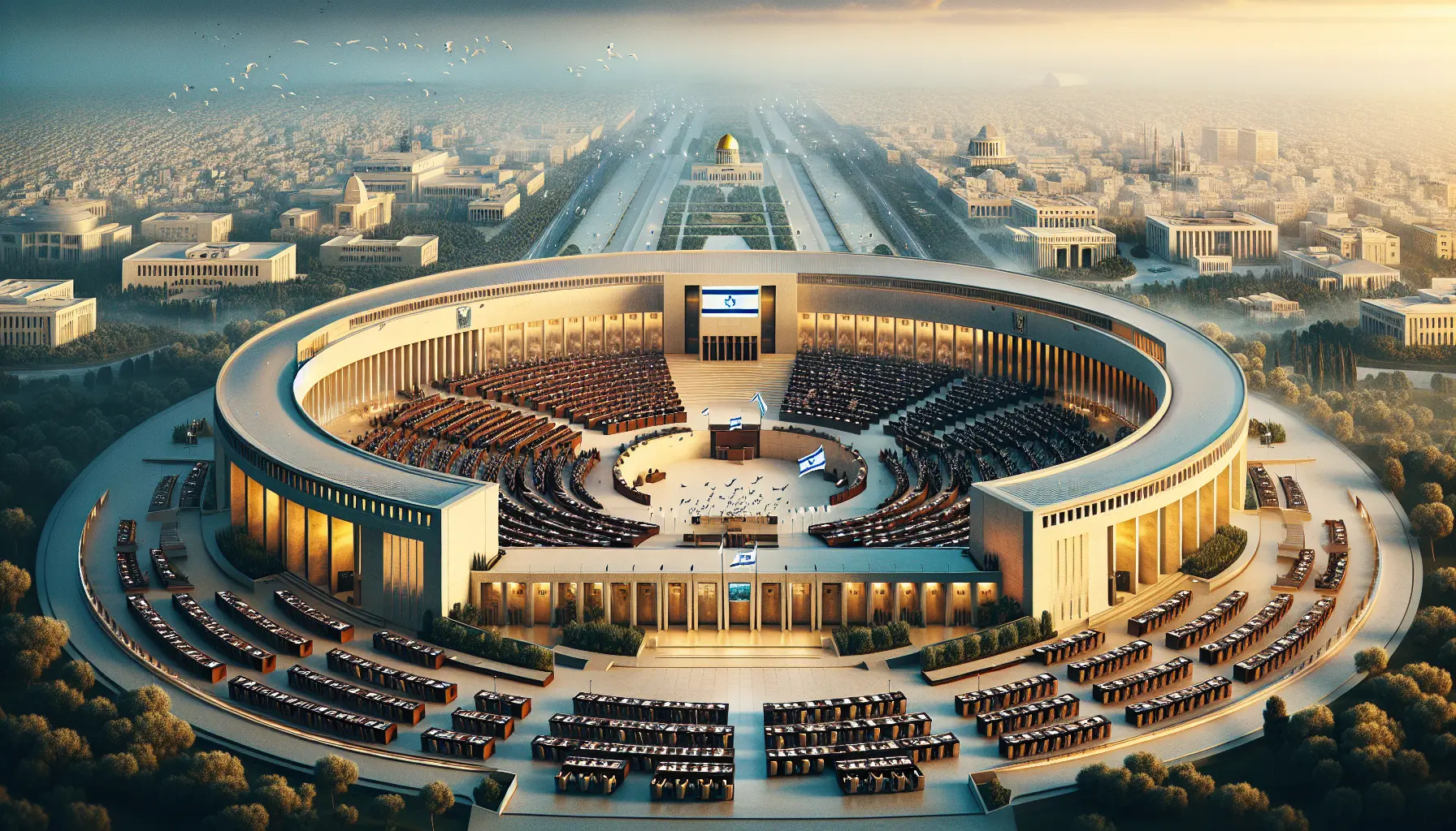 Panoramica della Knesset, il parlamento d'Israele, con il suo design moderno e simbolico.