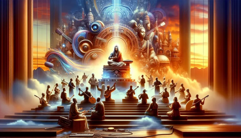 Un gruppo di musicisti che suonano strumenti tradizionali in un festival culturale, rappresentando la fusione di culture attraverso la musica.