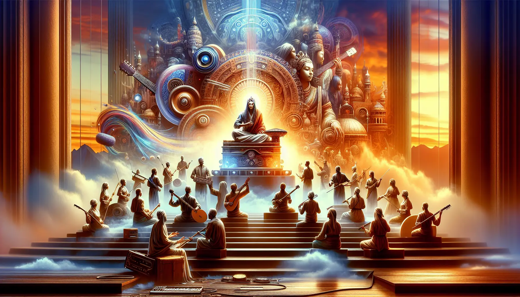 Un gruppo di musicisti che suonano strumenti tradizionali in un festival culturale, rappresentando la fusione di culture attraverso la musica.