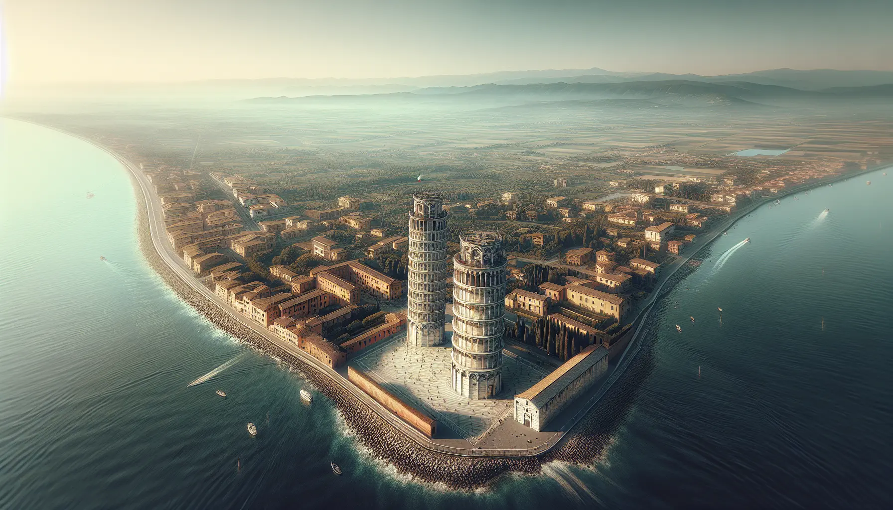 Vista della Torre di Pisa con la sua caratteristica inclinazione, circondata da turisti e il Duomo sullo sfondo.