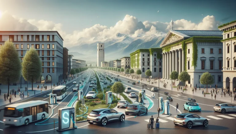 Un'auto elettrica in ricarica in una stazione moderna, simbolo della transizione verso una mobilità sostenibile.