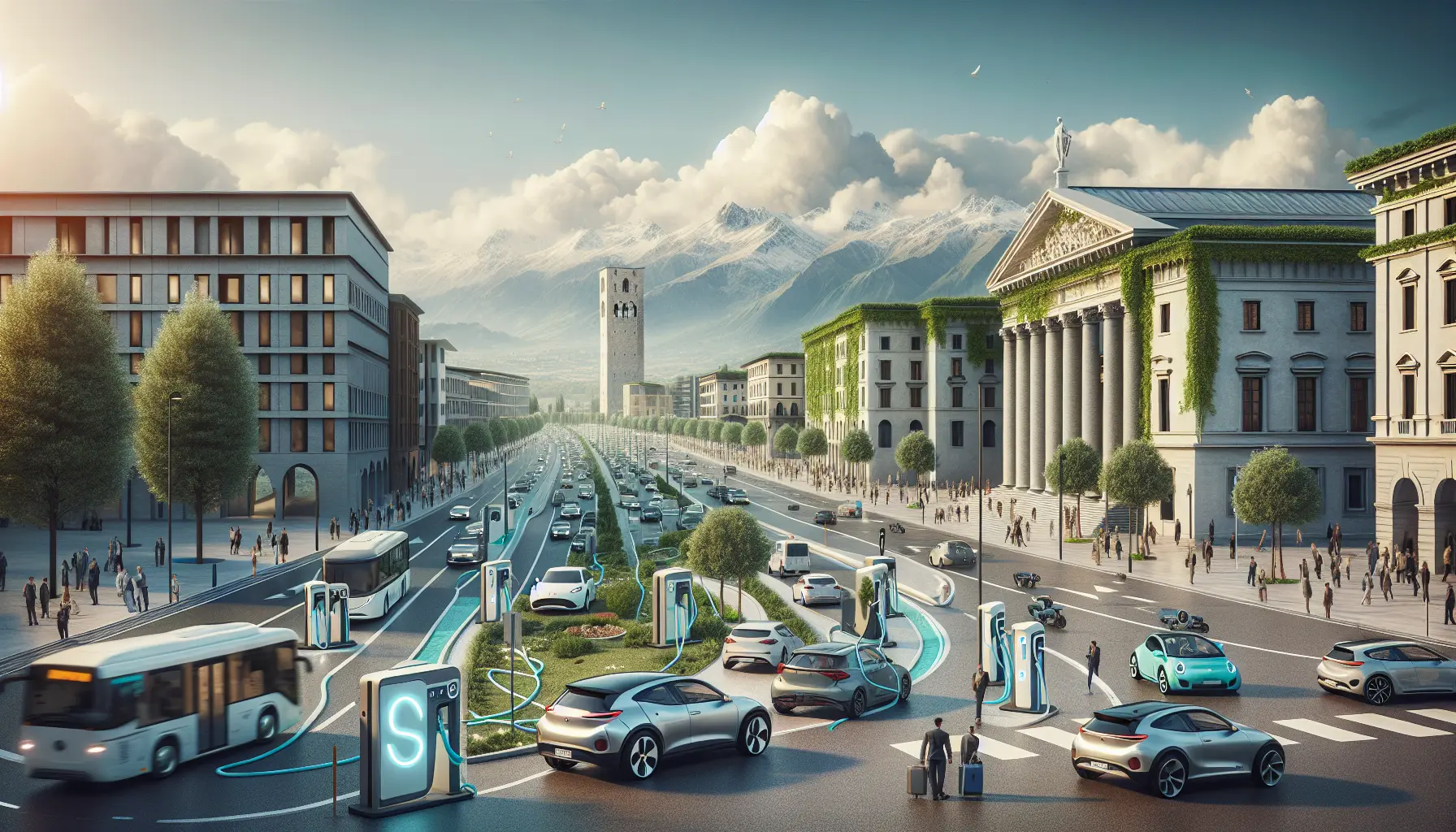 Un'auto elettrica in ricarica in una stazione moderna, simbolo della transizione verso una mobilità sostenibile.