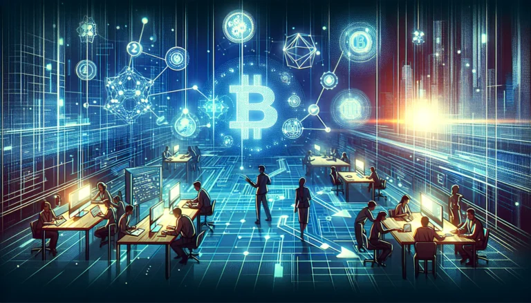 Rappresentazione grafica della tecnologia blockchain con nodi e transazioni