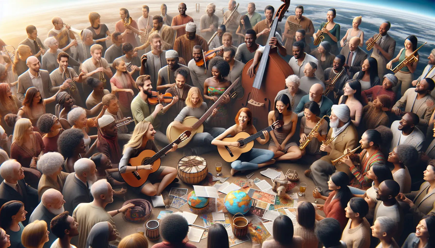 Persone di diverse culture che ballano e suonano strumenti musicali insieme in una piazza