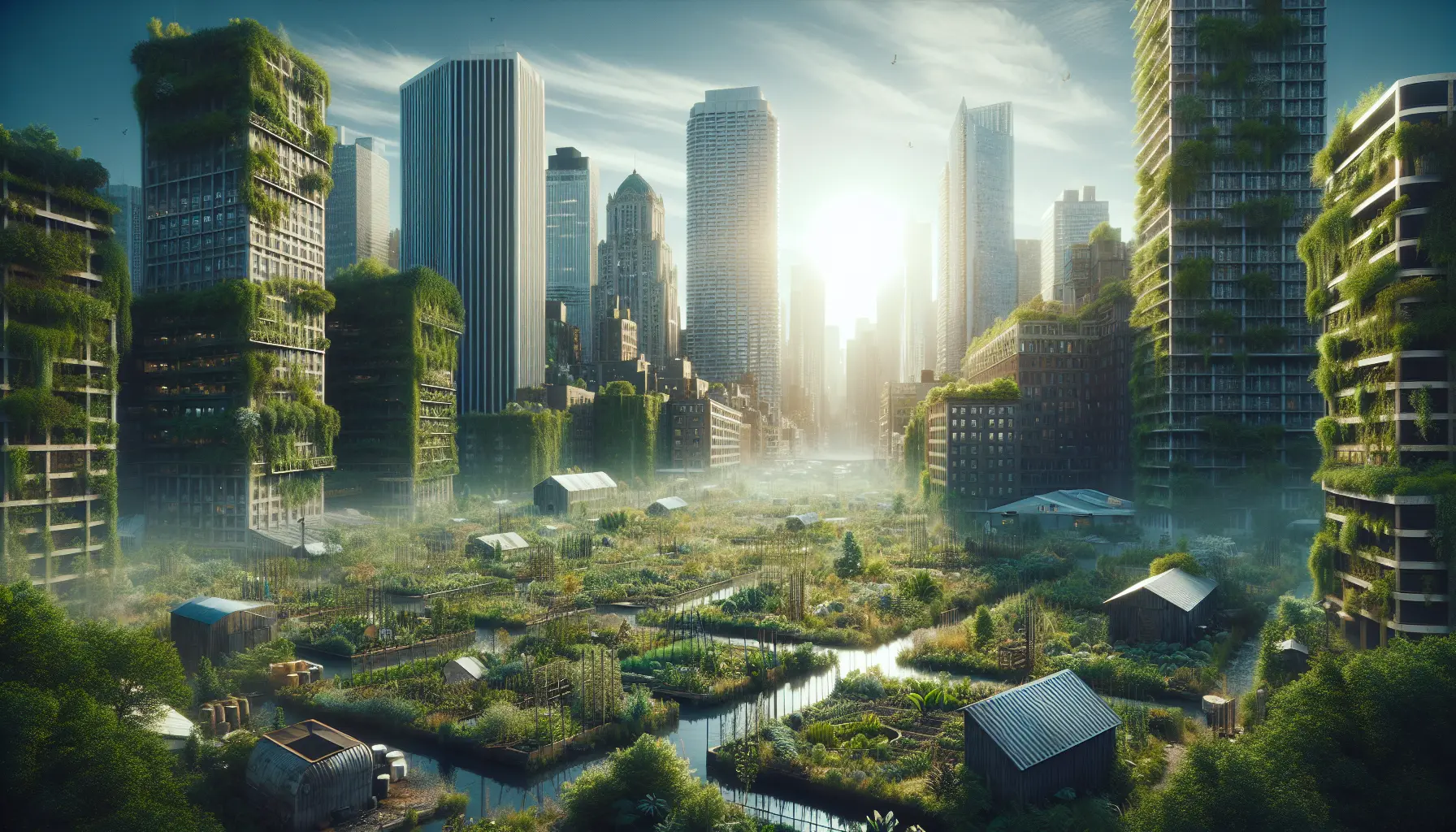 Un giardino urbano rigoglioso con piante verdi e fiori colorati, rappresentante la permacultura in città.