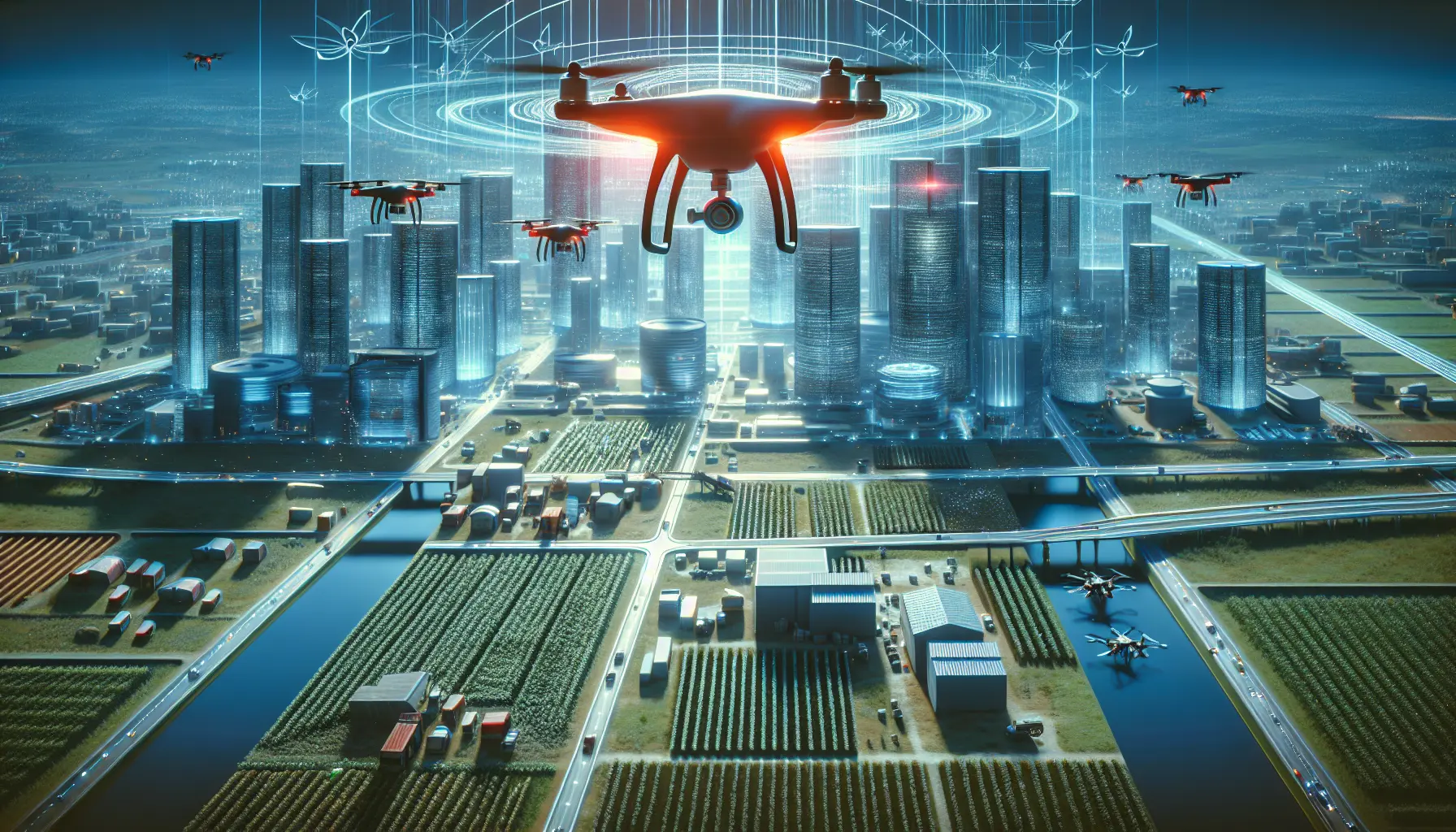 Droni in volo sopra un campo agricolo, utilizzati per monitorare le coltivazioni e raccogliere dati.