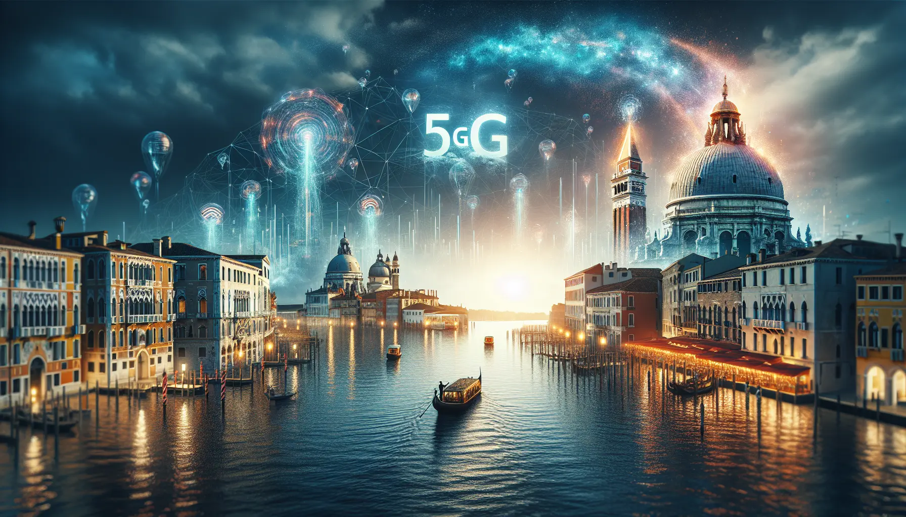 Rappresentazione grafica della rete 5G con dispositivi connessi e infrastrutture moderne