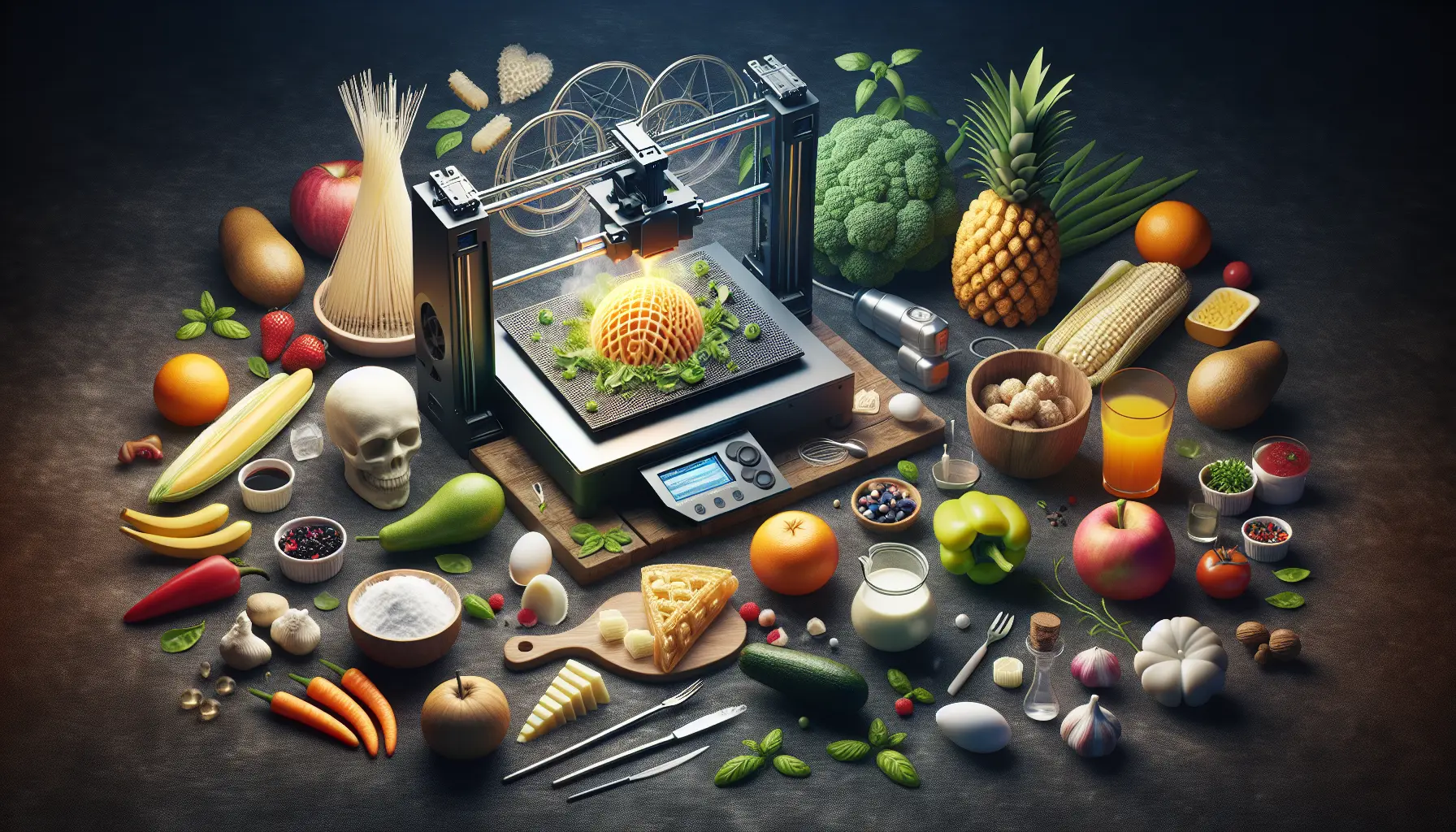 Un piatto gourmet stampato in 3D, con forme artistiche e colori vivaci che rappresentano l'innovazione culinaria.