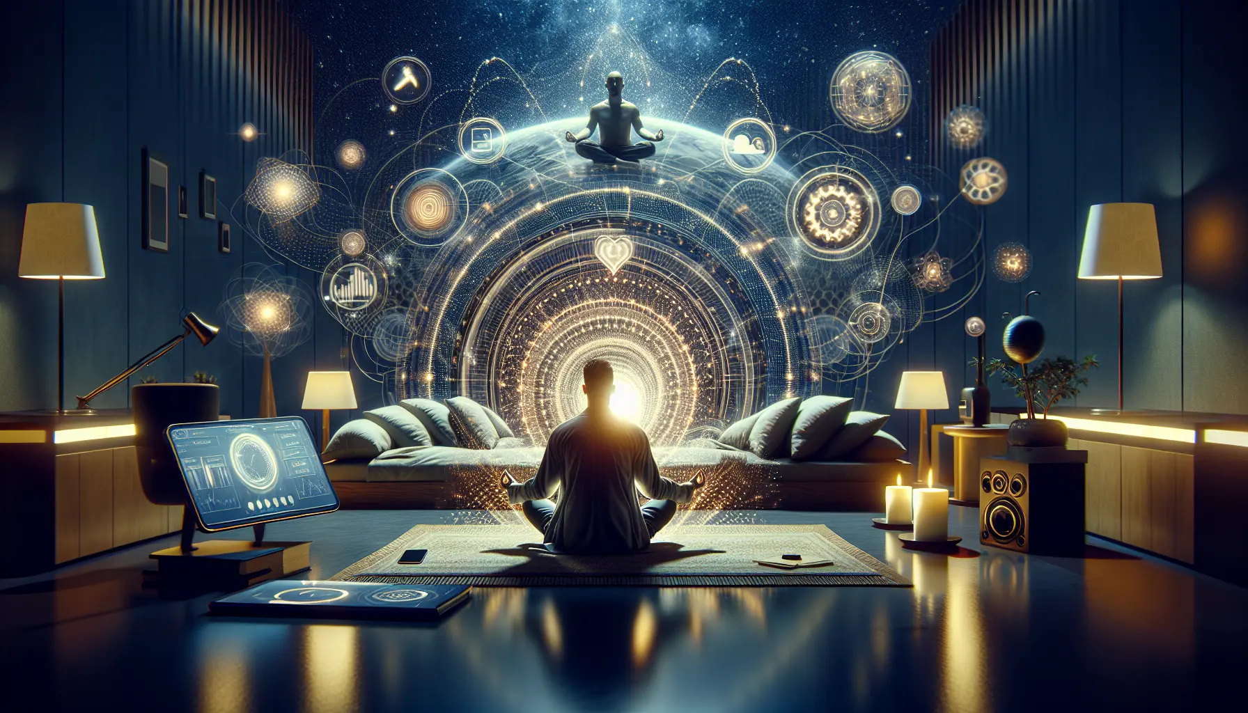 Una persona che dorme serenamente in un ambiente tranquillo e buio, circondata da tecnologia per il monitoraggio del sonno.