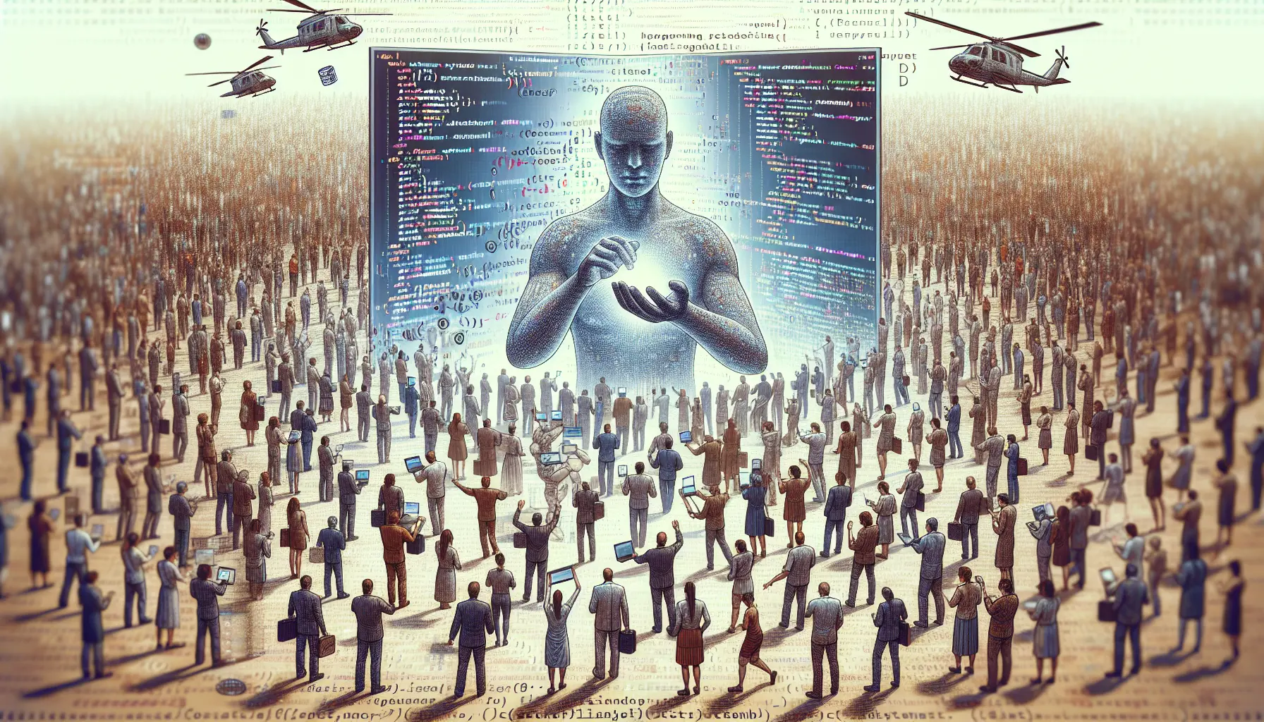 Immagine di Larry Wall mentre lavora al computer, circondato da codici e tecnologie innovative.