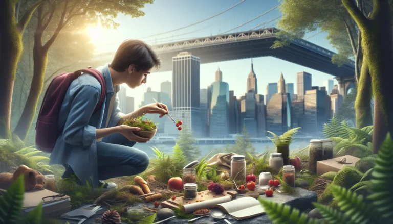 Un gruppo di studenti che raccoglie ingredienti selvatici in un parco urbano, circondati da piante e fiori.