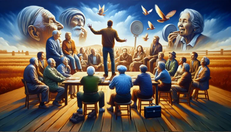 Un gruppo di persone sedute attorno a un fuoco, mentre un narratore racconta storie antiche, creando un'atmosfera di connessione e condivisione.