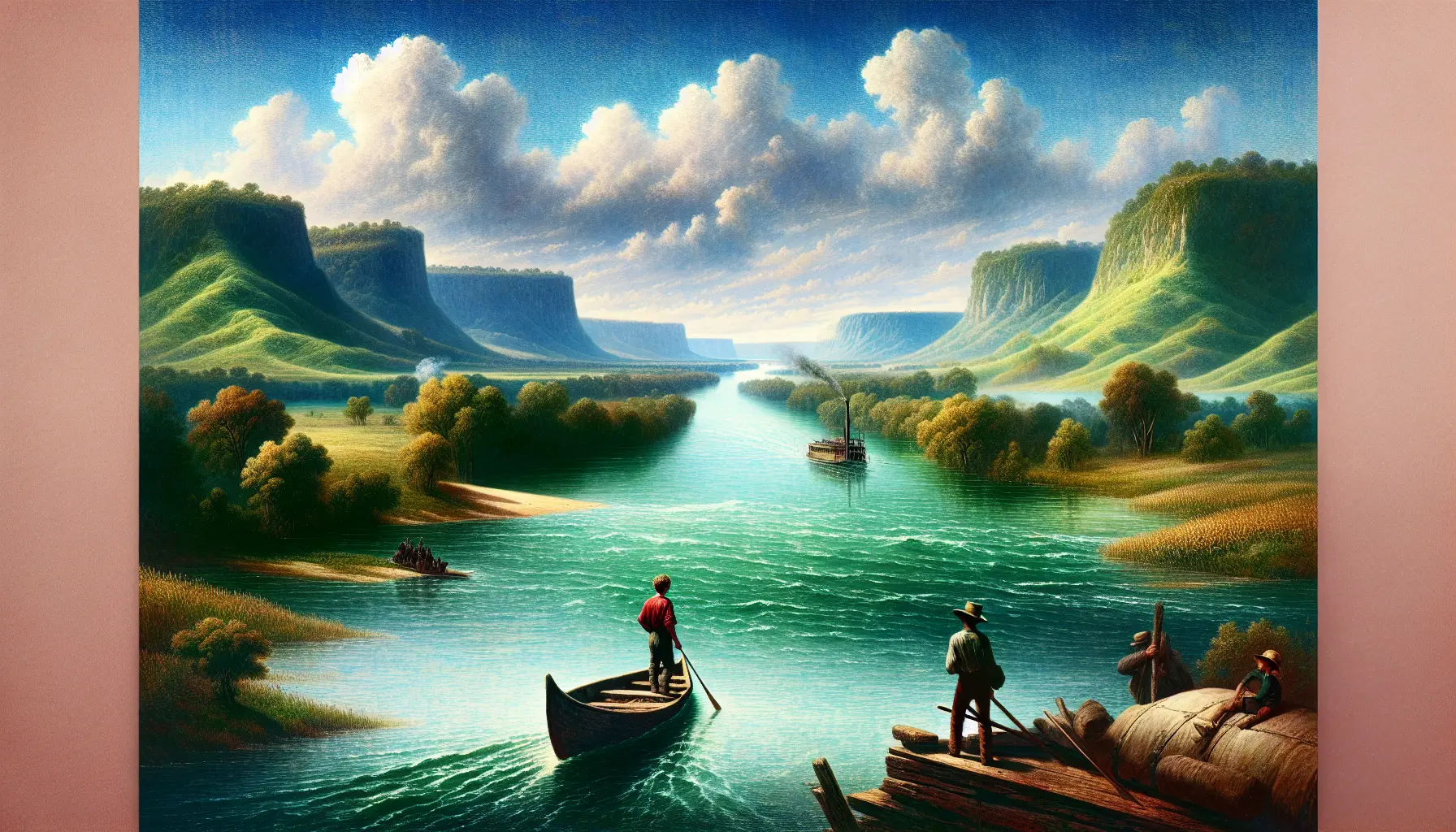 Illustrazione di Huckleberry Finn e Jim sul fiume Mississippi, simbolo di libertà e avventura.