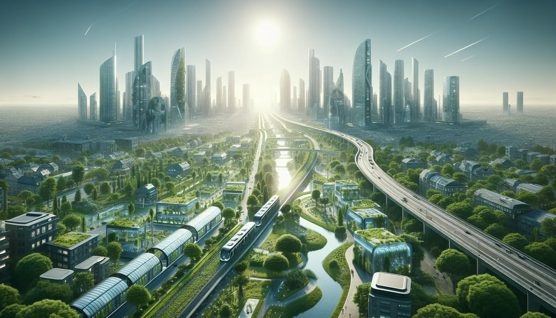Vista di una città futuristica con spazi verdi, parchi e trasporti sostenibili