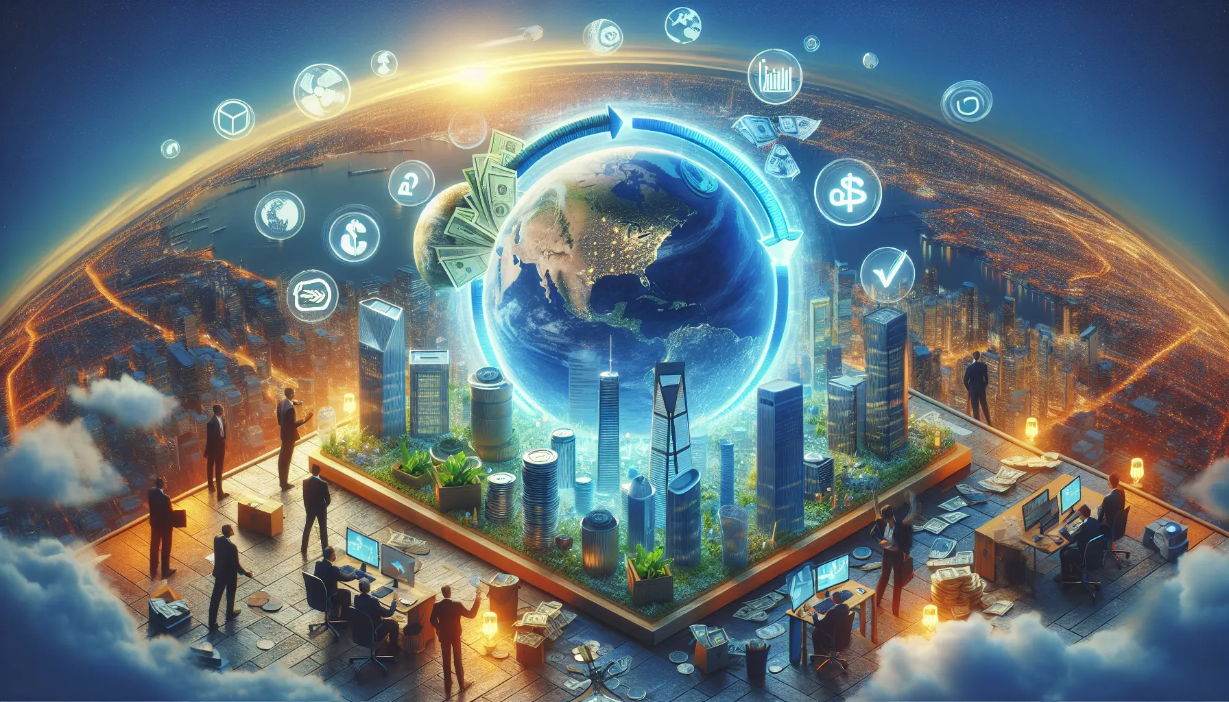 Rappresentazione visiva dell'economia circolare con simboli di riciclo e sostenibilità