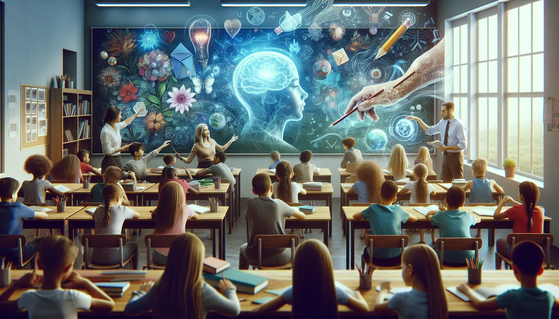 Un gruppo di studenti in aula che partecipano a un'attività di role-playing per sviluppare empatia.