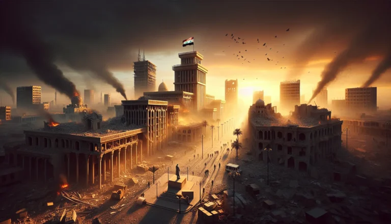 Rappresentazione della complessità della società irachena post-Saddam Hussein, con simboli di unità e speranza.