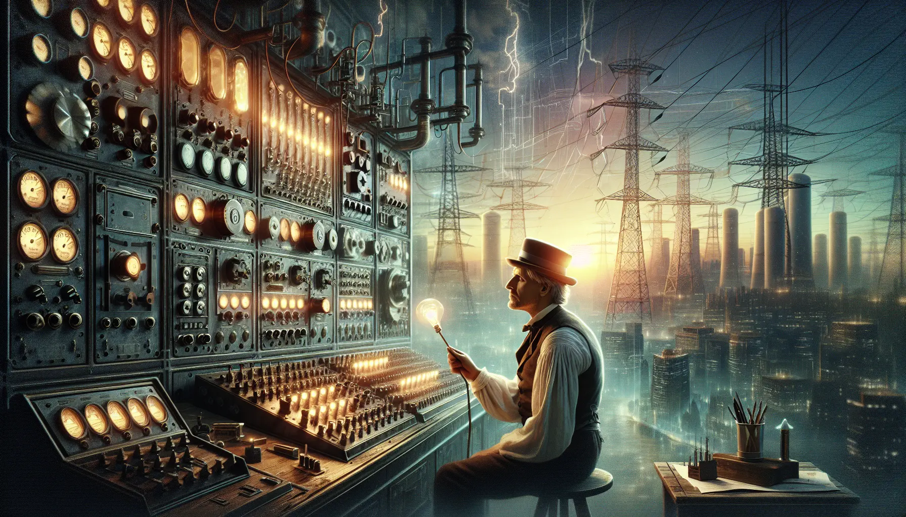 Ritratto di Thomas Edison circondato da alcune delle sue invenzioni più famose, come la lampadina e il fonografo