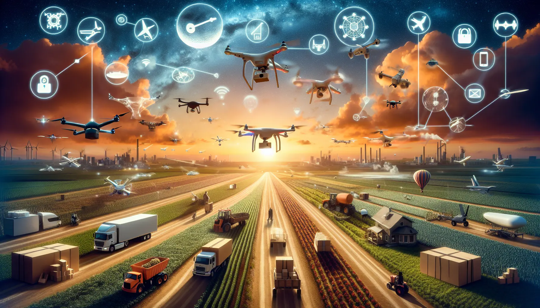 Droni in volo sopra un campo agricolo, evidenziando l'uso della tecnologia per il monitoraggio delle coltivazioni.