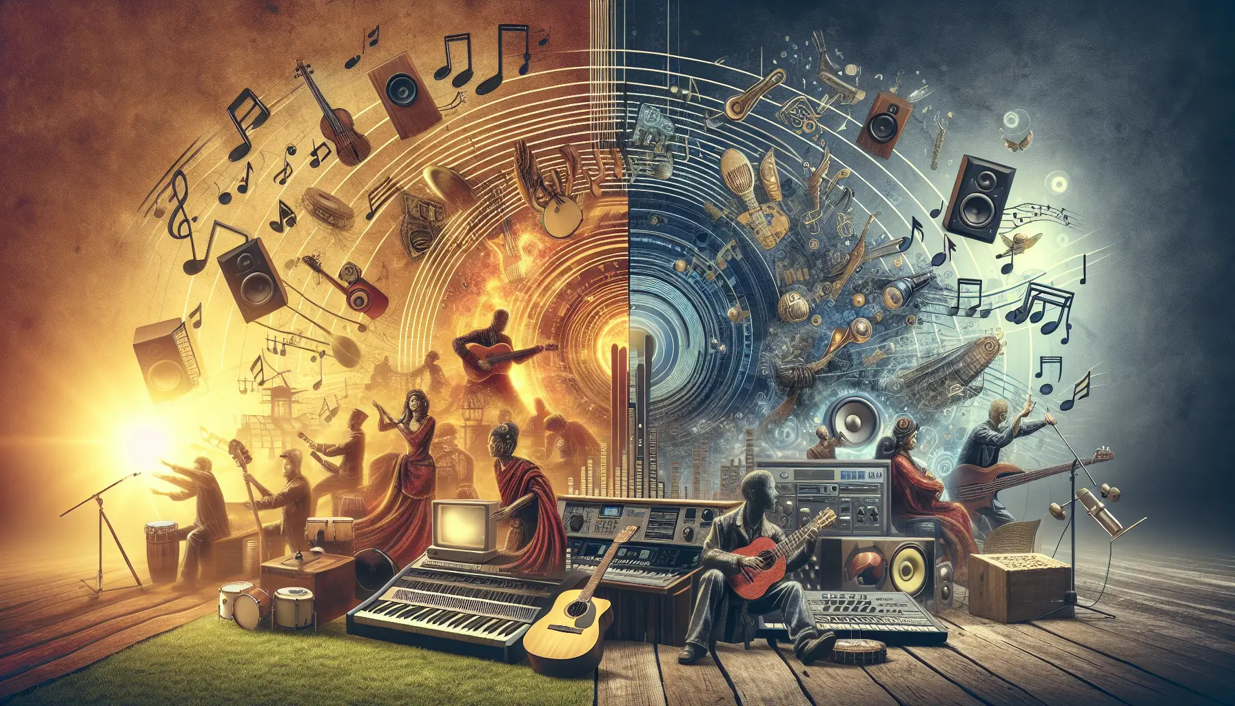 Un gruppo di musicisti che suonano strumenti tradizionali in un contesto moderno, rappresentando l'evoluzione della musica tradizionale.