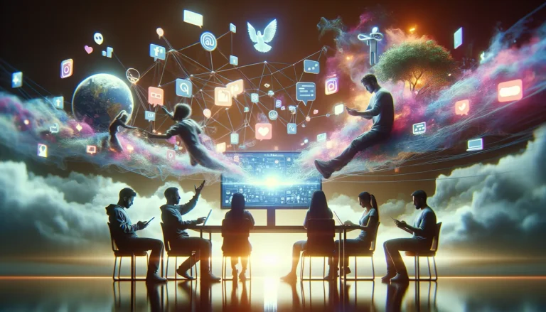 Persone che interagiscono tra loro tramite smartphone e computer, rappresentando l'influenza dei social media sulle relazioni.